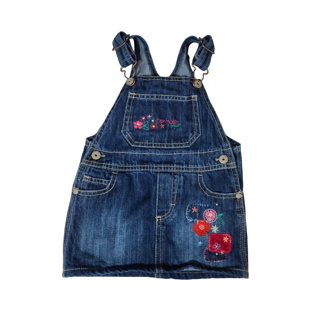 OshKosh Bgosh Girls Blue Denim Floral Embroidered Overall Jumper Dress 18 Months